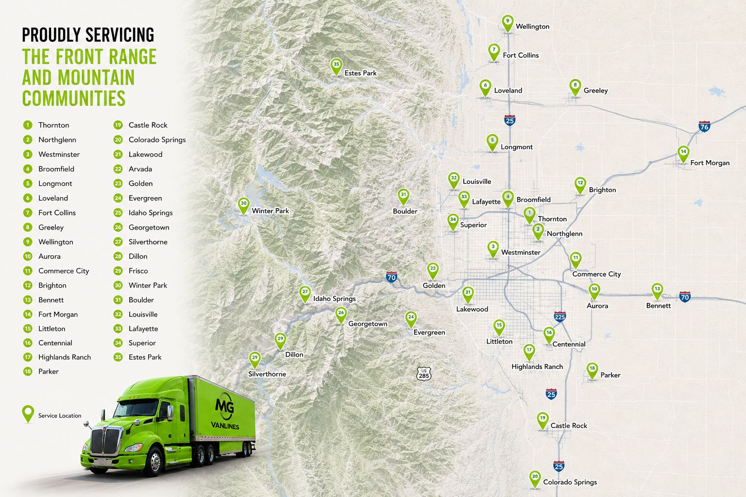 MG Vanlines service map: Front Range and mountain communities with numbered locations and branded truck.