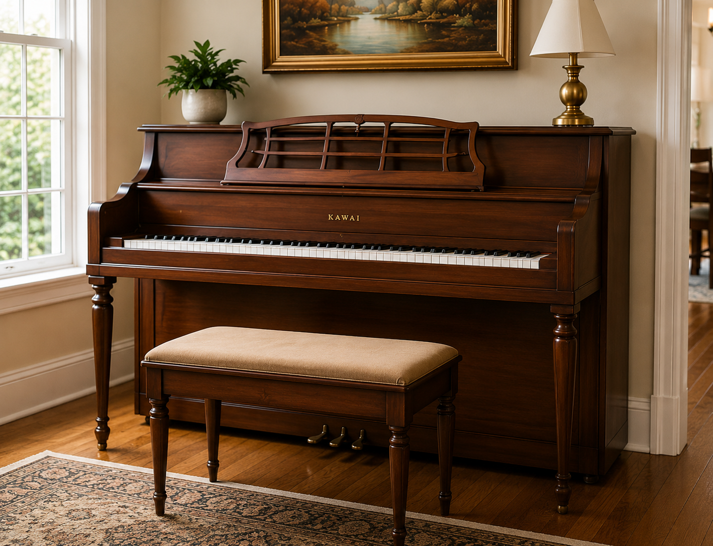 Upright piano in a bright living room ready for specialty moving services