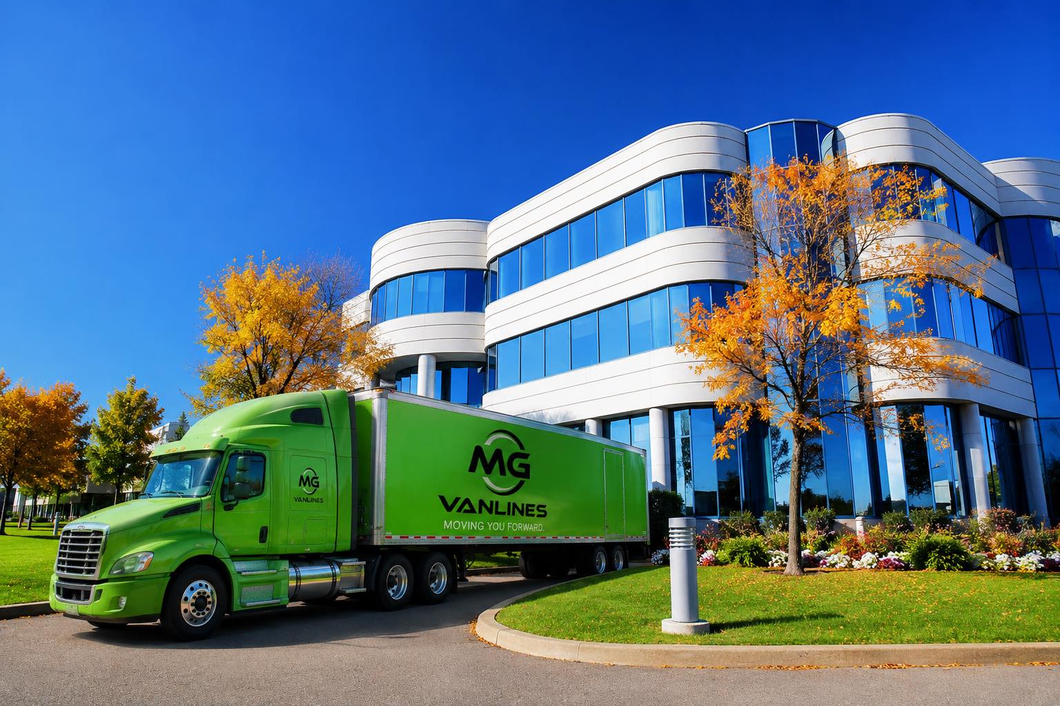 MG Vanlines office and commercial moving truck and crew