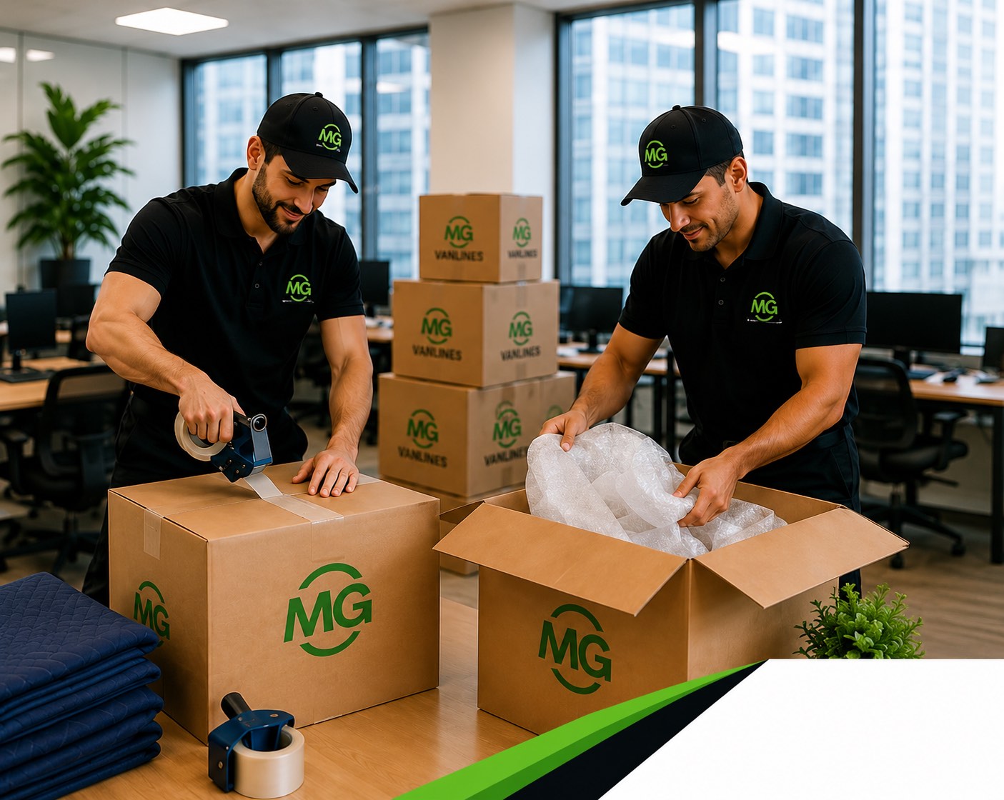 MG Vanlines movers packing boxes in a modern office environment