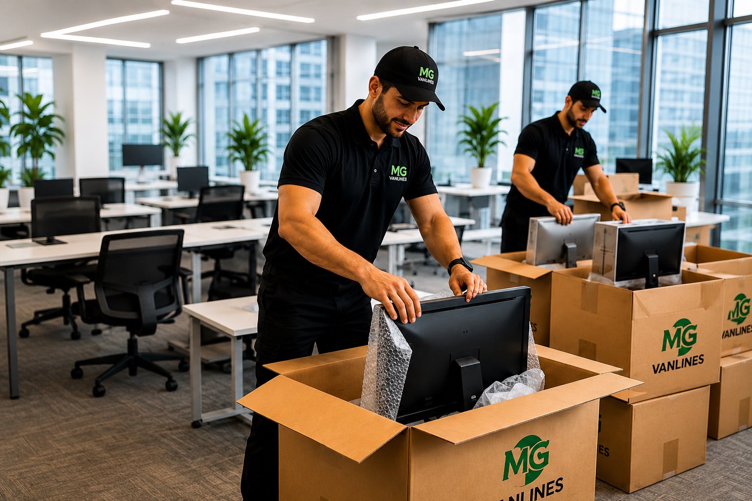 MG Vanlines movers packing computer monitors in a modern office