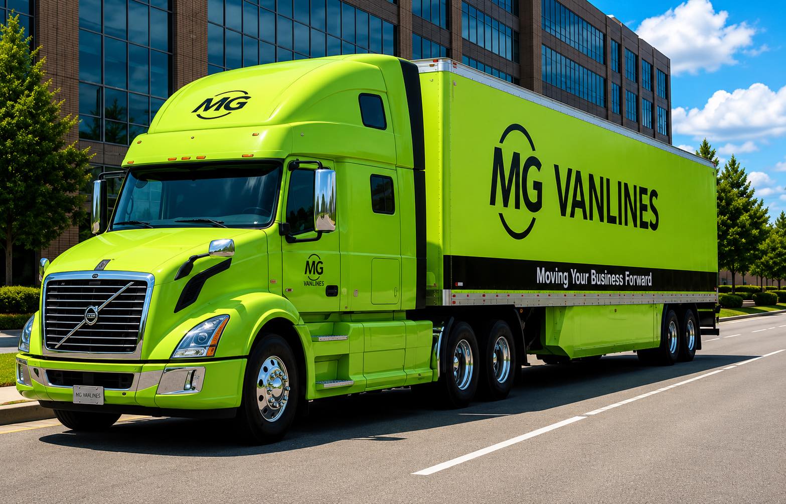 MG Vanlines corporate relocation truck in front of an office building