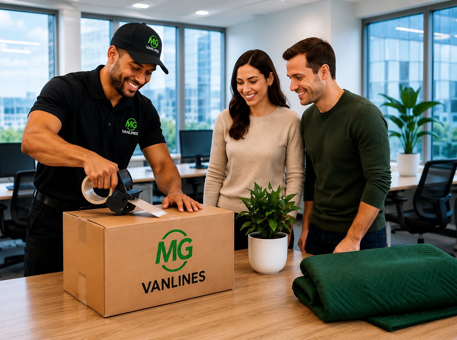 MG Vanlines mover helping employees with an office relocation