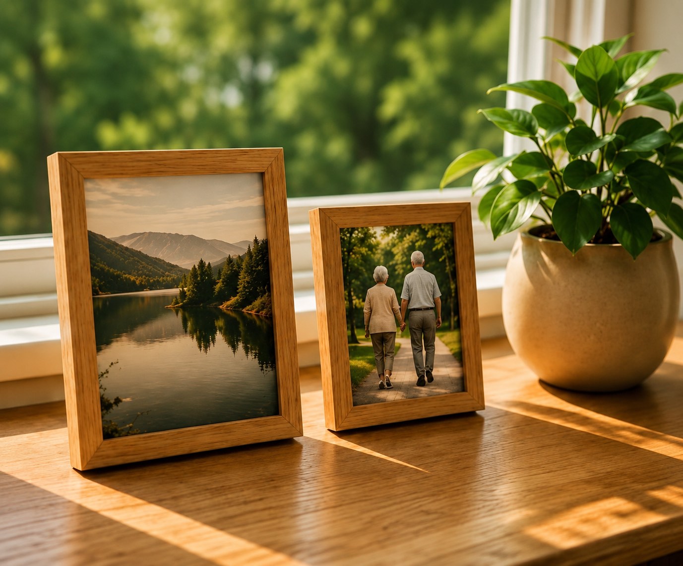 Framed family photos and a plant on a sunlit windowsill during a senior move