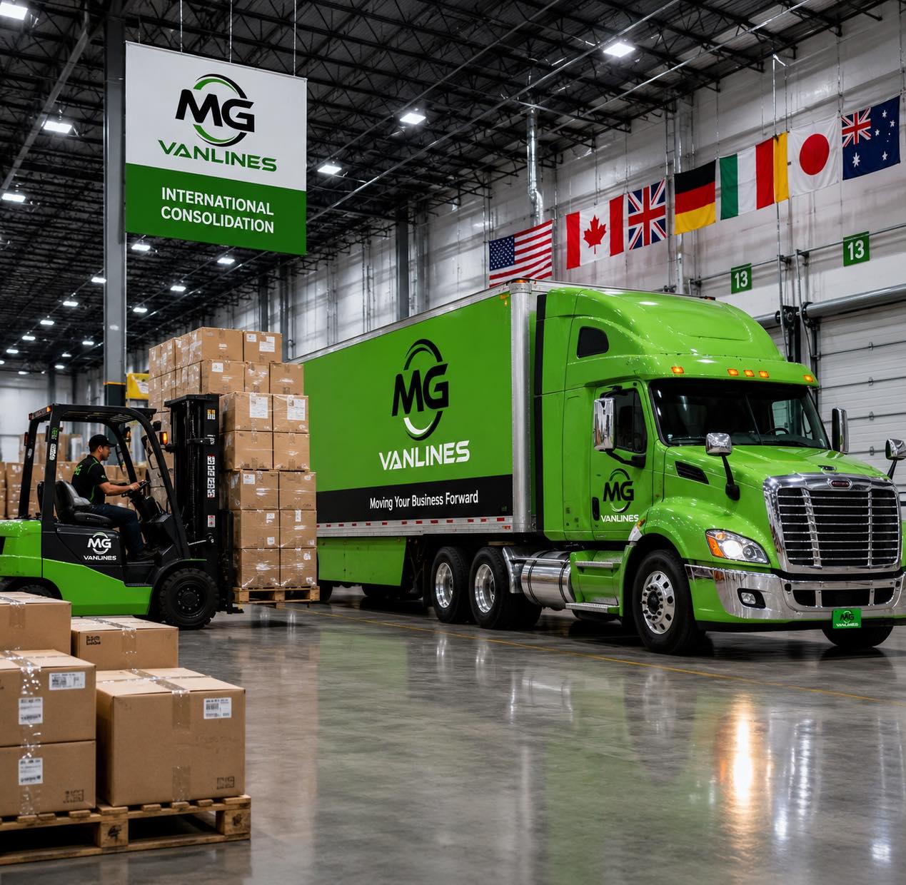MG Vanlines international consolidation warehouse with truck and forklift loading