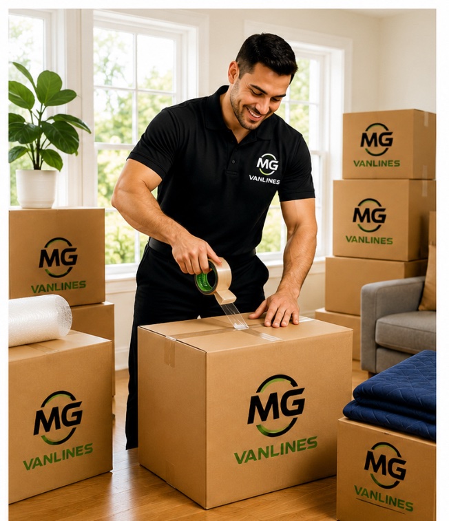 MG Vanlines mover packing boxes with branded packaging