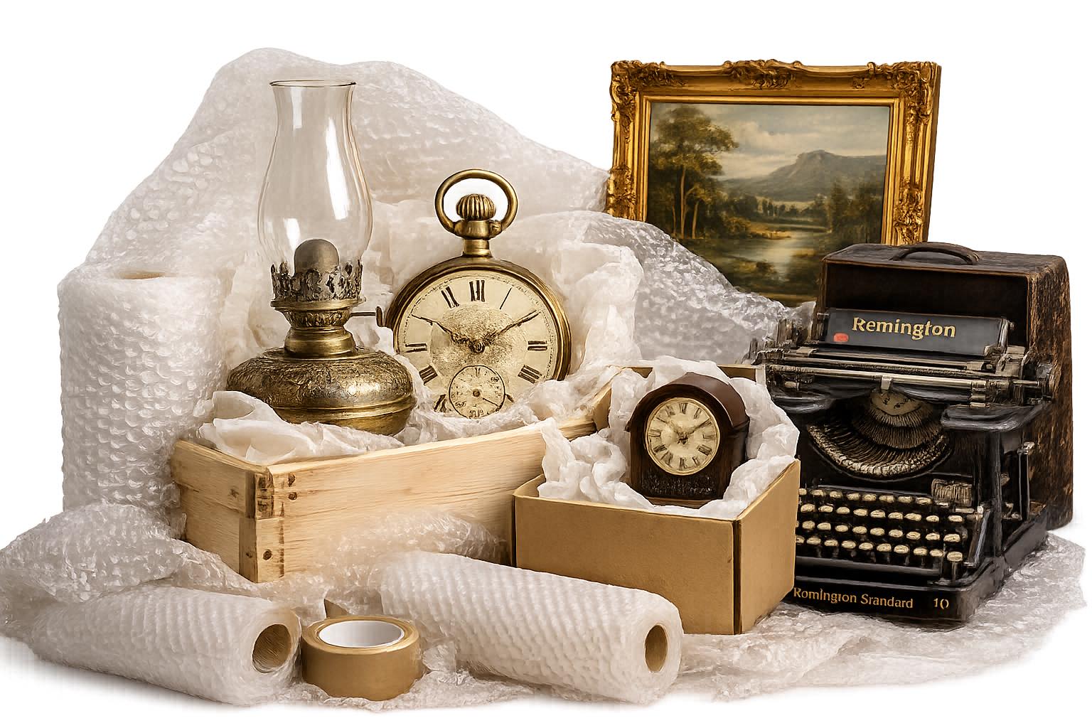 Antiques, artwork and delicate items packed with bubble wrap and custom crating