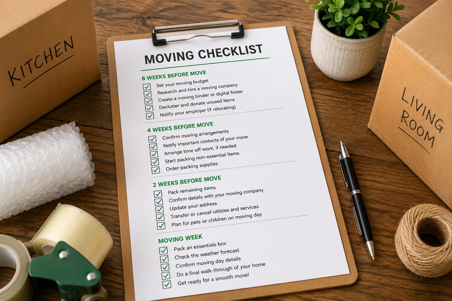 Moving boxes and checklist for planning a move
