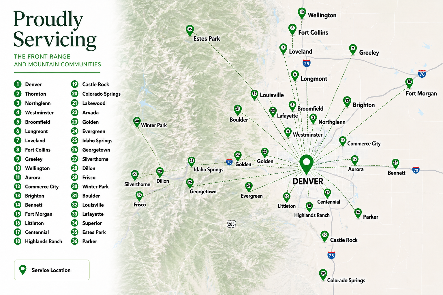 MG Vanlines service map: Front Range and mountain communities with numbered locations and branded truck.