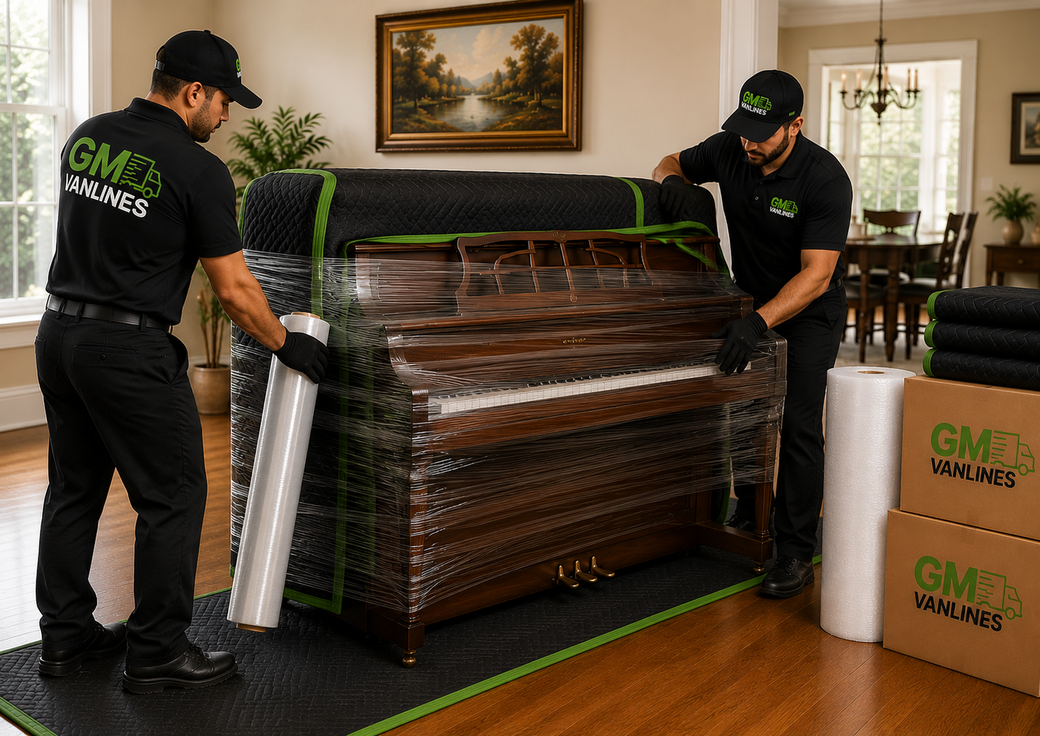 MG Vanlines movers wrapping an upright piano with protective blankets and stretch wrap