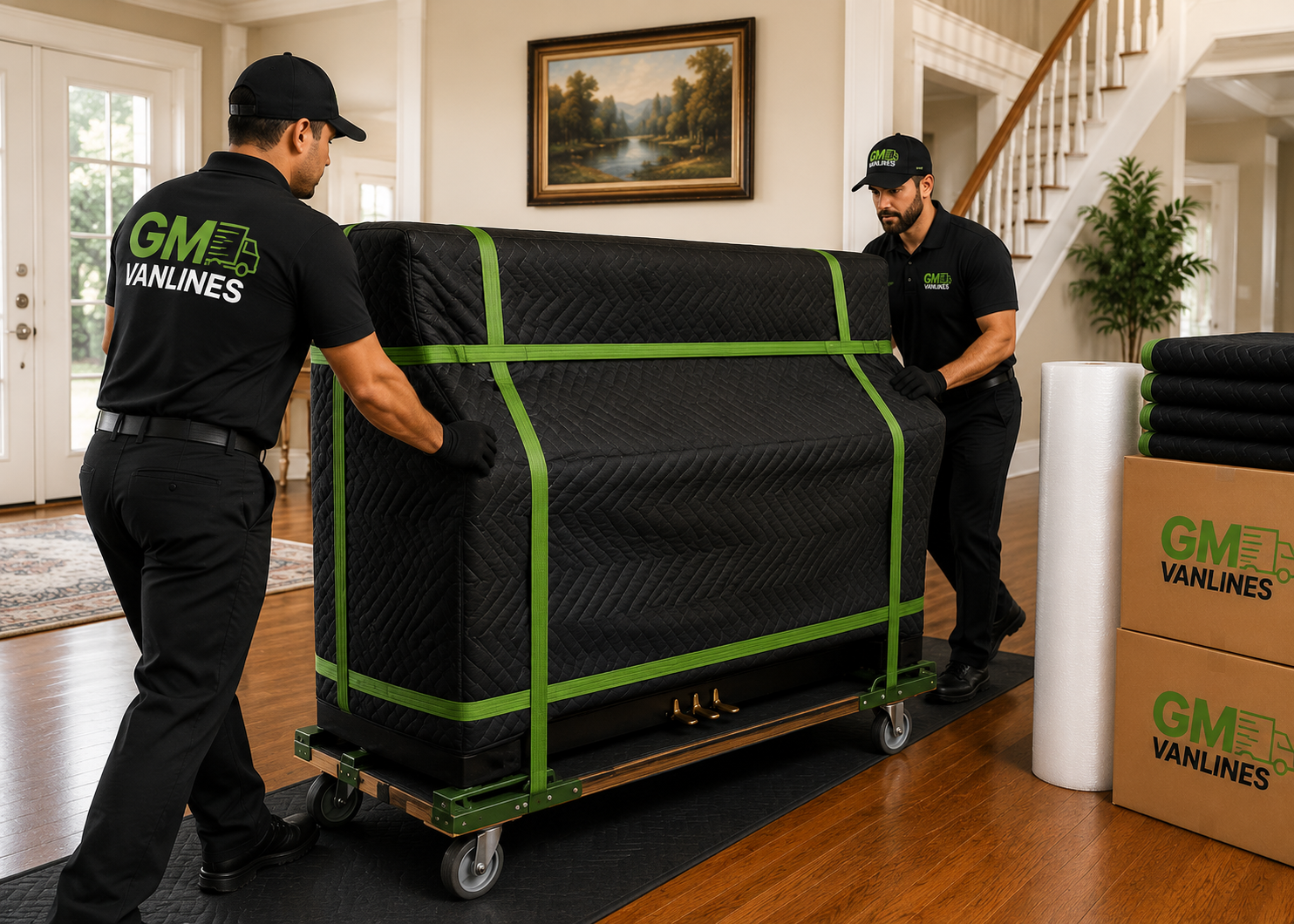 MG Vanlines movers carefully transporting a wrapped upright piano on a moving dolly