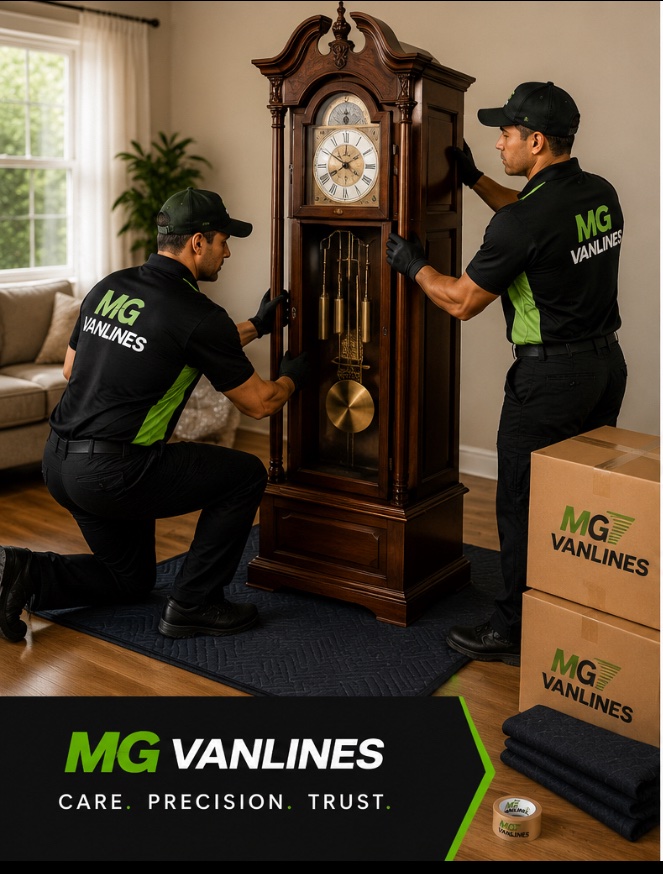 MG Vanlines movers carefully handling a grandfather clock during a specialty move