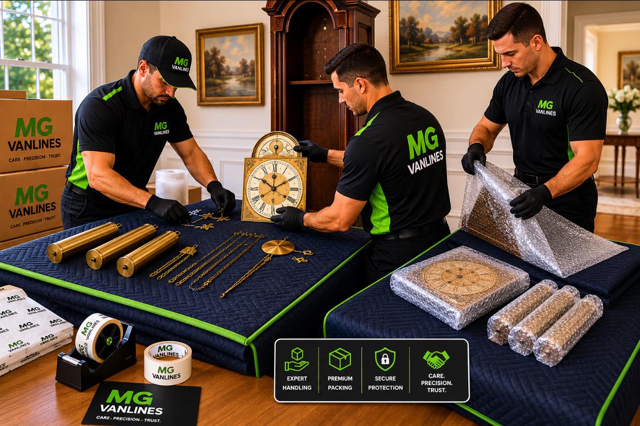 MG Vanlines movers expertly packing a grandfather clock with premium materials