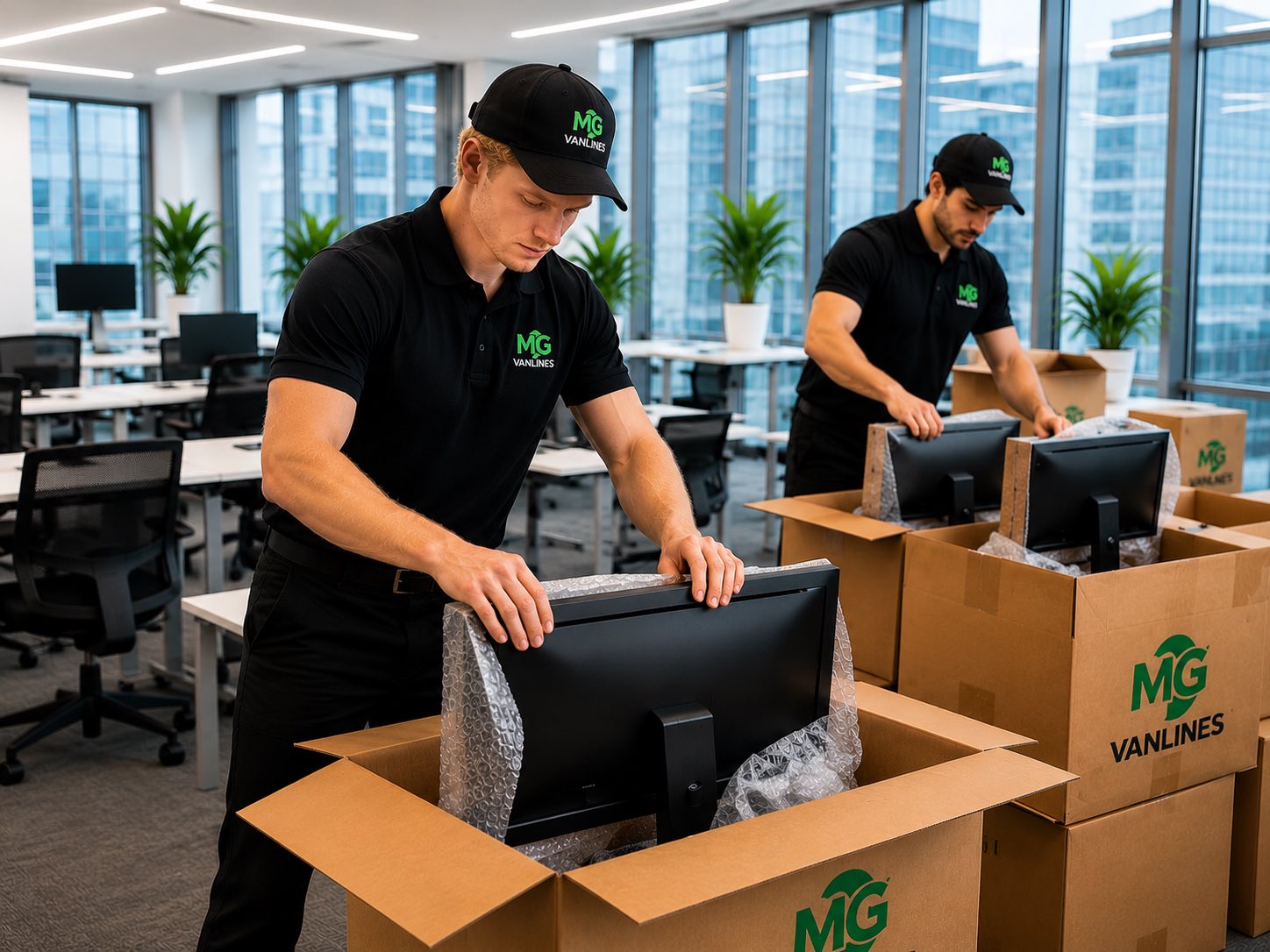 MG Vanlines movers packing computer monitors in a modern office