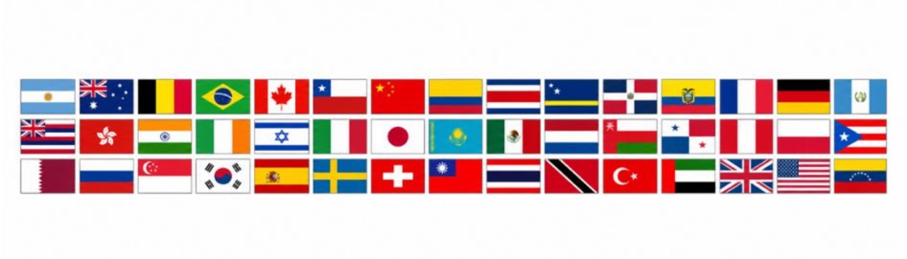Row of international country flags representing global moving destinations