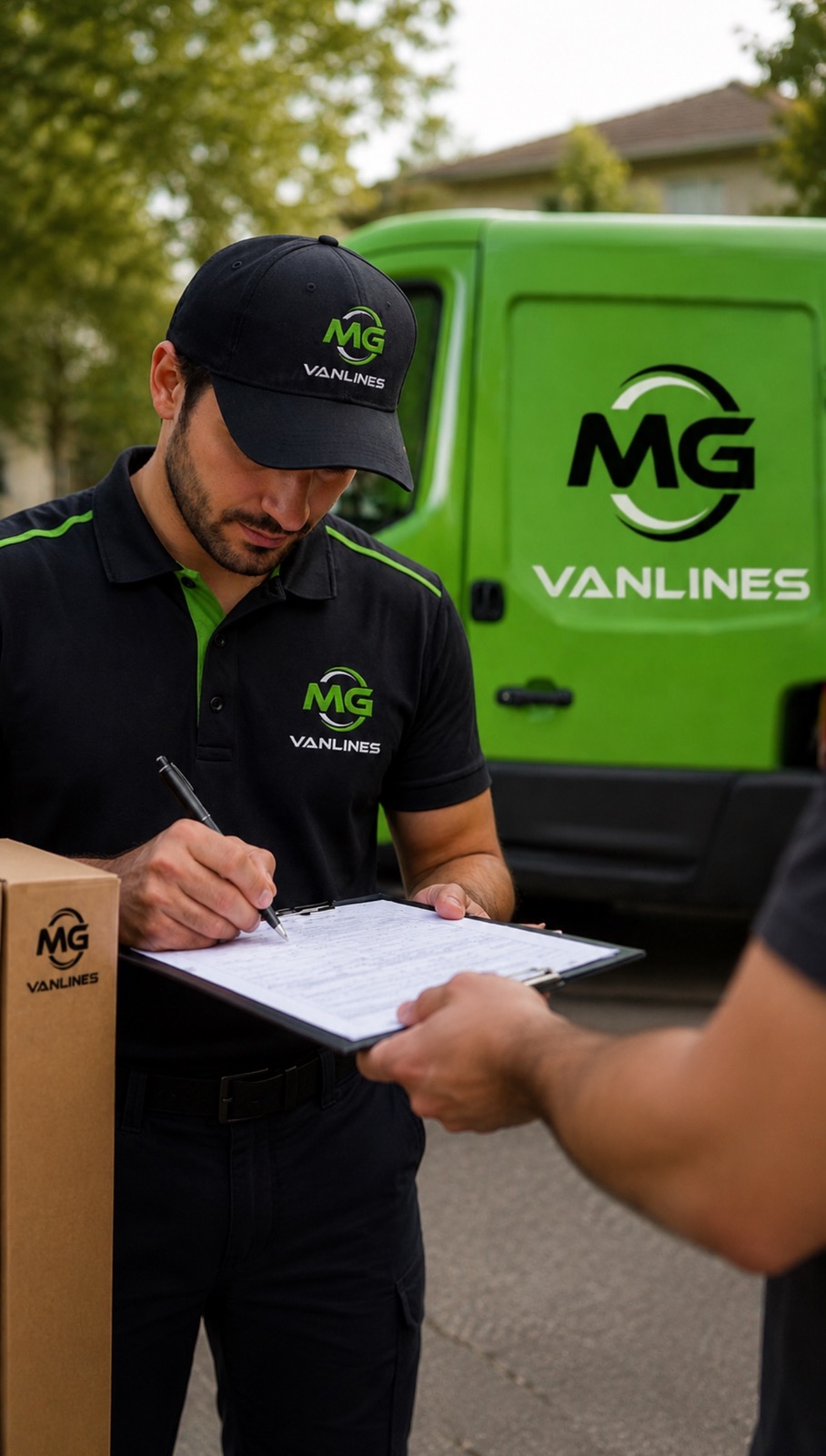 MG Vanlines mover showing a tablet to customers beside a moving truck